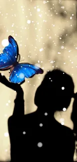 Silhouette with a blue butterfly under magical lights.