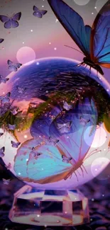 Colorful butterfly on crystal sphere with purple hues.