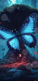 A blue butterfly sits on a giant tree in a mystical forest setting.