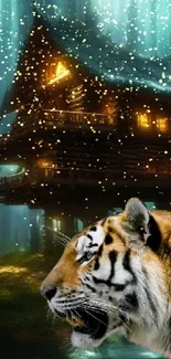 Mobile wallpaper of a tiger in front of an illuminated forest cabin.