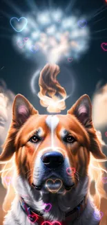 Charming dog with glowing hearts, fantasy art design.