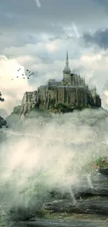 Fantasy castle amidst clouds and mist with lush greenery.