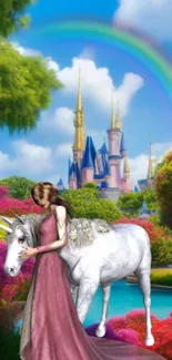 Fantasy castle and unicorn with rainbow and colorful garden.