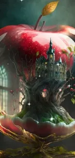 Enchanted castle encased in a transparent apple with misty background.