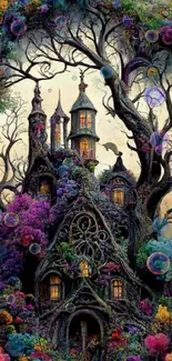 Enchanted castle with colorful floral art on a mobile wallpaper.