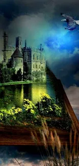 Fantasy castle wallpaper with a magical book and mystical sky.