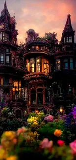 Enchanted castle surrounded by vibrant flowers at dusk, glowing softly.