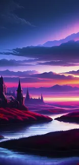 Vibrant sunset over an enchanted castle with a serene landscape.