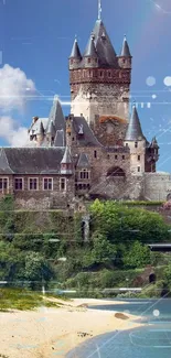 Castle overlooking a beach with a rainbow and lush greenery.