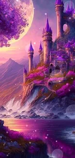 Magical castle under a glowing moon with purple hues.