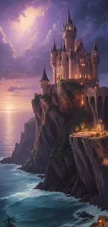 Mystical castle on a cliffside under moonlit sky.