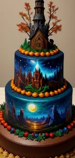 Three-tier cake with castle design under a night sky in blue tones.