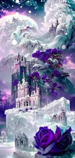 Enchanted castle with purple roses and a mystical sky.