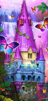 Enchanting castle with butterflies in a colorful fantasy setting.