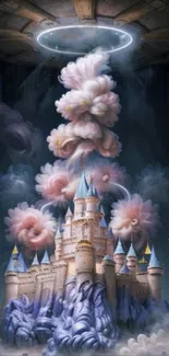 Fantasy castle with ethereal clouds in magical artwork.