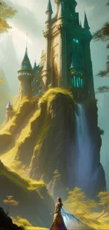 Fantasy castle art with lush green landscape and magical ambiance.