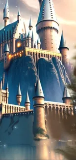 A stunning fantasy castle with magical lighting.