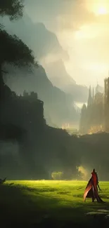 Fantasy castle at sunrise with a lone figure on a green field.