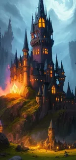 Enchanted fictional castle under a glowing moon.