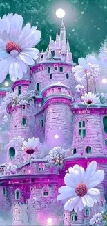 Whimsical castle with flowers in a fantasy landscape.