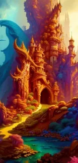 Enchanted castle with dragon in colorful fantasy landscape wallpaper.