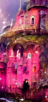 Enchanted castle fantasy wallpaper with pink tones and magical ambiance.