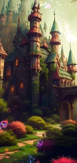 Enchanting fantasy castle amid lush greenery and colorful turrets.