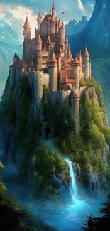 Fantasy castle atop misty mountain with waterfall.