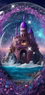 A dreamy fantasy castle surrounded by mystical purple and blue elements.