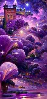 Fantasy castle with purple trees and clouds in an enchanted setting.