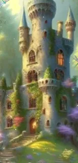 Enchanting castle in a lush forest with dragonflies and vibrant colors.