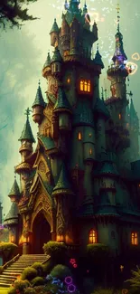 Enchanted castle in a mystical forest with teal blue hues.