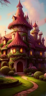 Enchanted castle amidst a dreamy, colorful forest with vibrant hues.