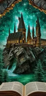 Enchanted castle towers over a mystical forest with an open book in the foreground.