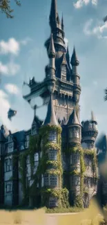 Enchanted fantasy castle amidst greenery with a dreamy sky.