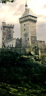 Mysterious castle amid lush green forest under a misty sky.