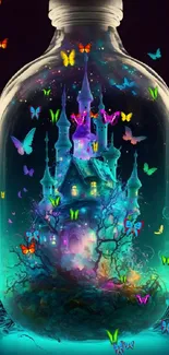 Fantasy castle in a glowing bottle with butterflies.