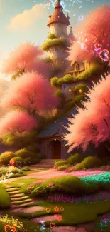 Whimsical castle with pink trees in a vibrant fantasy landscape.