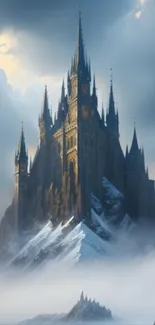 A majestic castle shrouded in mist atop snowy mountains, exuding a magical allure.