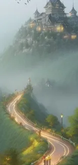 A magical castle overlooks misty winding road.