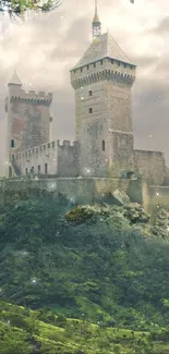 Majestic castle surrounded by lush green hills under a cloudy sky.