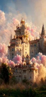 Enchanting castle surrounded by pink clouds, creating a dreamy mobile wallpaper.