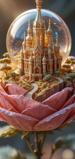 A whimsical castle inside a glass dome on a pink rose.