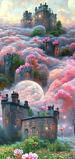 Enchanted castle surrounded by pink clouds and blooming roses.