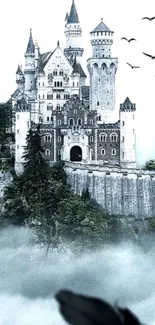 Misty medieval castle with flying birds.