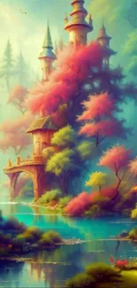 Magical castle and forest wallpaper with vibrant autumn colors.