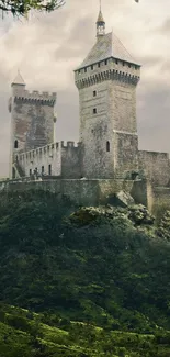 Enchanted castle surrounded by lush greenery and misty backdrop.
