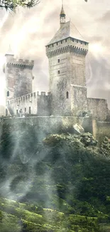 Enchanted castle surrounded by forest greenery.