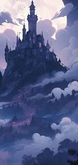 A mystical castle atop a hill under a bright moonlit sky with clouds.