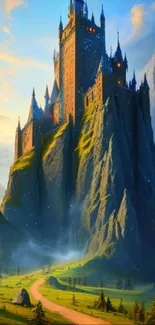 Enchanting fantasy castle on a mountain top under a vibrant sky.